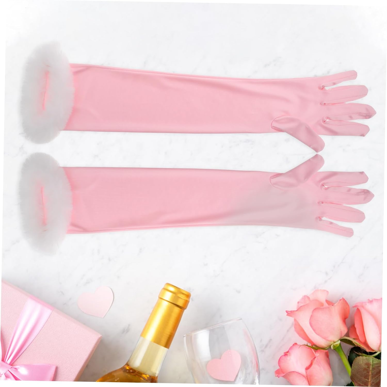 Baluue Long Satin Wedding Bride Gloves for Women Plush Trim Banquet Dress Gloves Hand Embroidered Elegant Tea Party