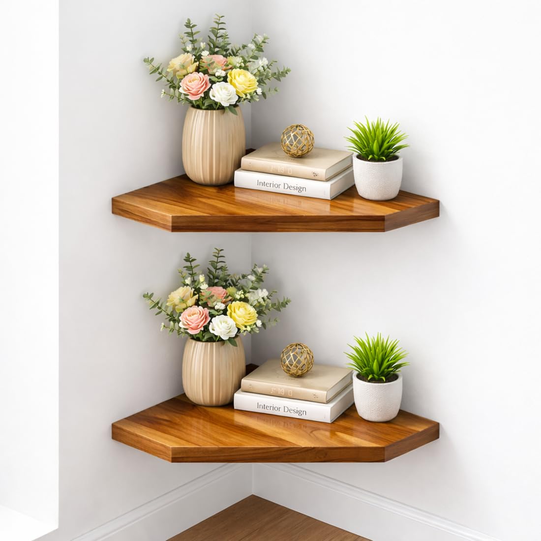 Solid Teak Wood 2 Tier Corner Floating Shelf for Living Room, Bedroom | Wooden Corner Wall Shelf Organizer & Display Rack for Home Decor & Storage, Natural Teak Finish-image-28