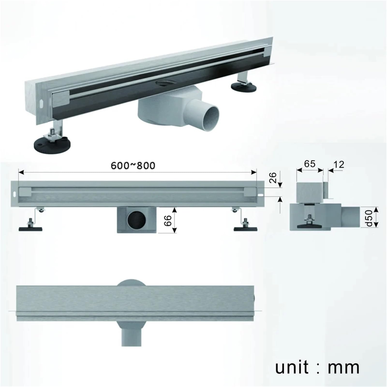 Scarico doccia lineare, | Profilo sottile, drenaggio ad alto flusso, acciaio inossidabile 304, design a parete for bagni moderni.(Length 800mm Black)