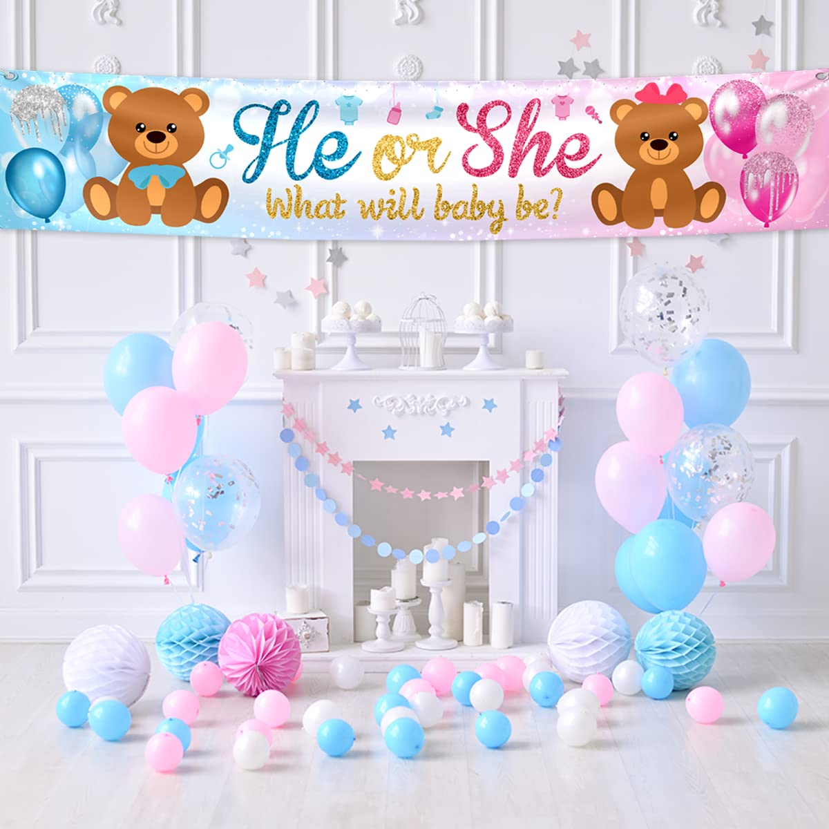 Gender Reveal DecorationHe or She Baby Bear Banner Baby Shower Yard Sign Photo Booth Props for