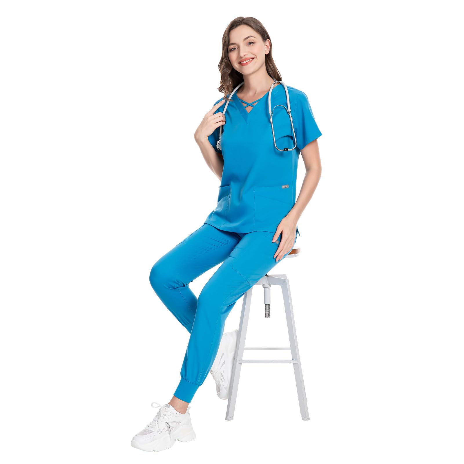 VIAOLI Set für Damen, modernes Oberteil mit V-Ausschnitt und 8 Taschen, Jogginghose, Stilluniform, einfarbig, Stretch, Arbeitskleidung, Himmelblau, Small