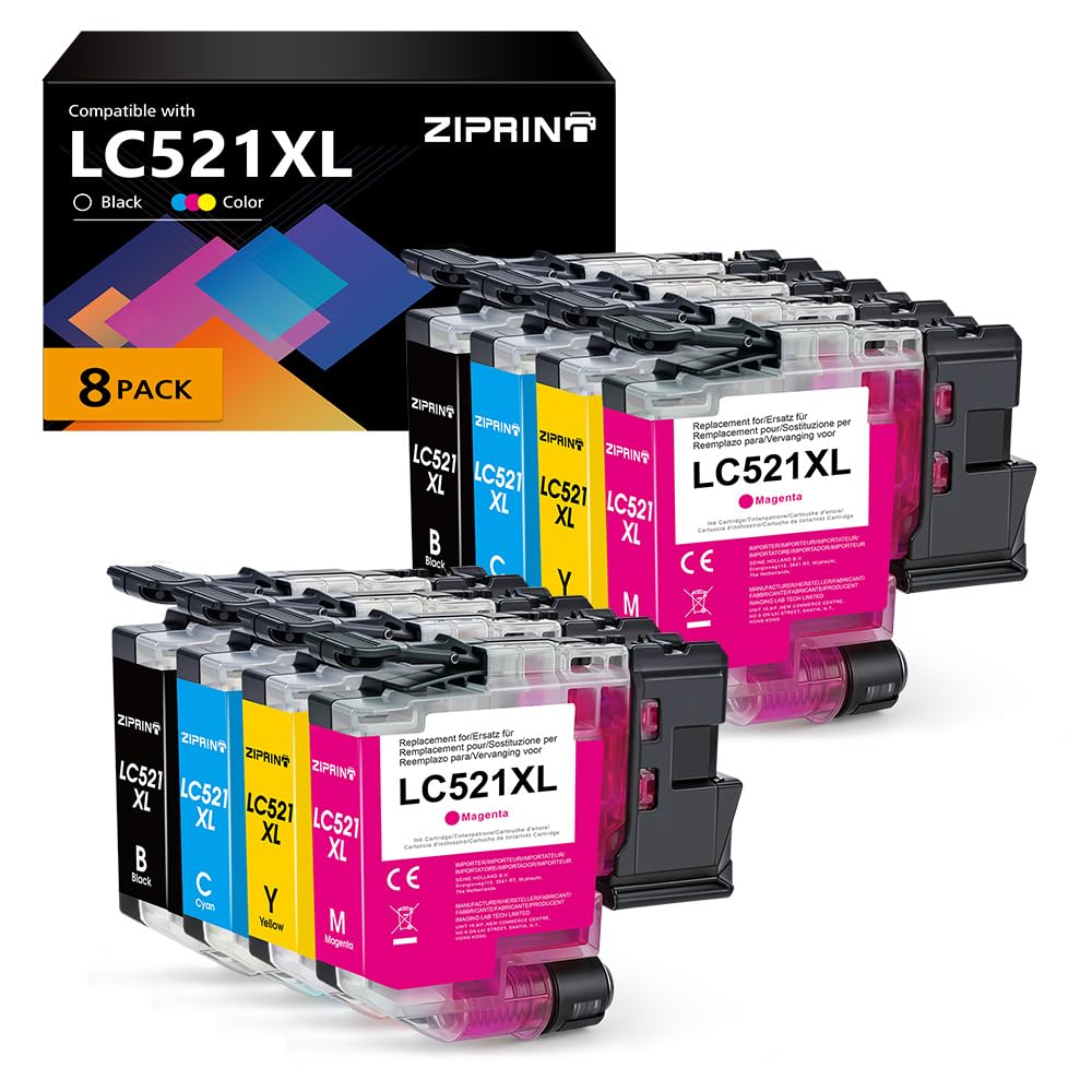 ZIPRINT LC521 XL Cartucce compatibili con Brother LC521 LC521XL, LC 521 XL per Brother DCP-J1260W, DCP-J1310DW, DCP-J1313DW, DCP-J1360DW, DCP-J1460DW (Confezione da 8)