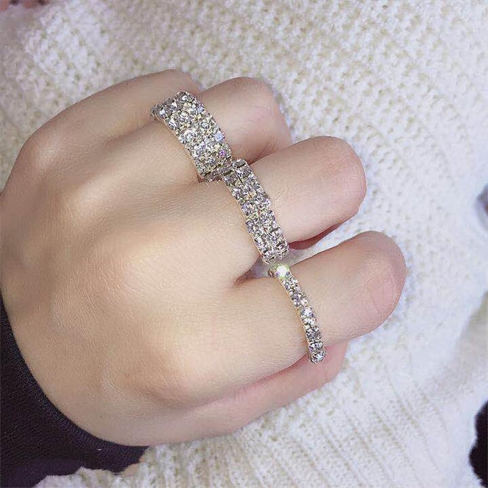 Sparkly Rhinestone Stackable Elastic Rings Set for Women Lady, Bling Silver Crystal Wide Band Finger Rings Trendy Multi-Row Stuff Jewelry Accessories Gift - Image 3