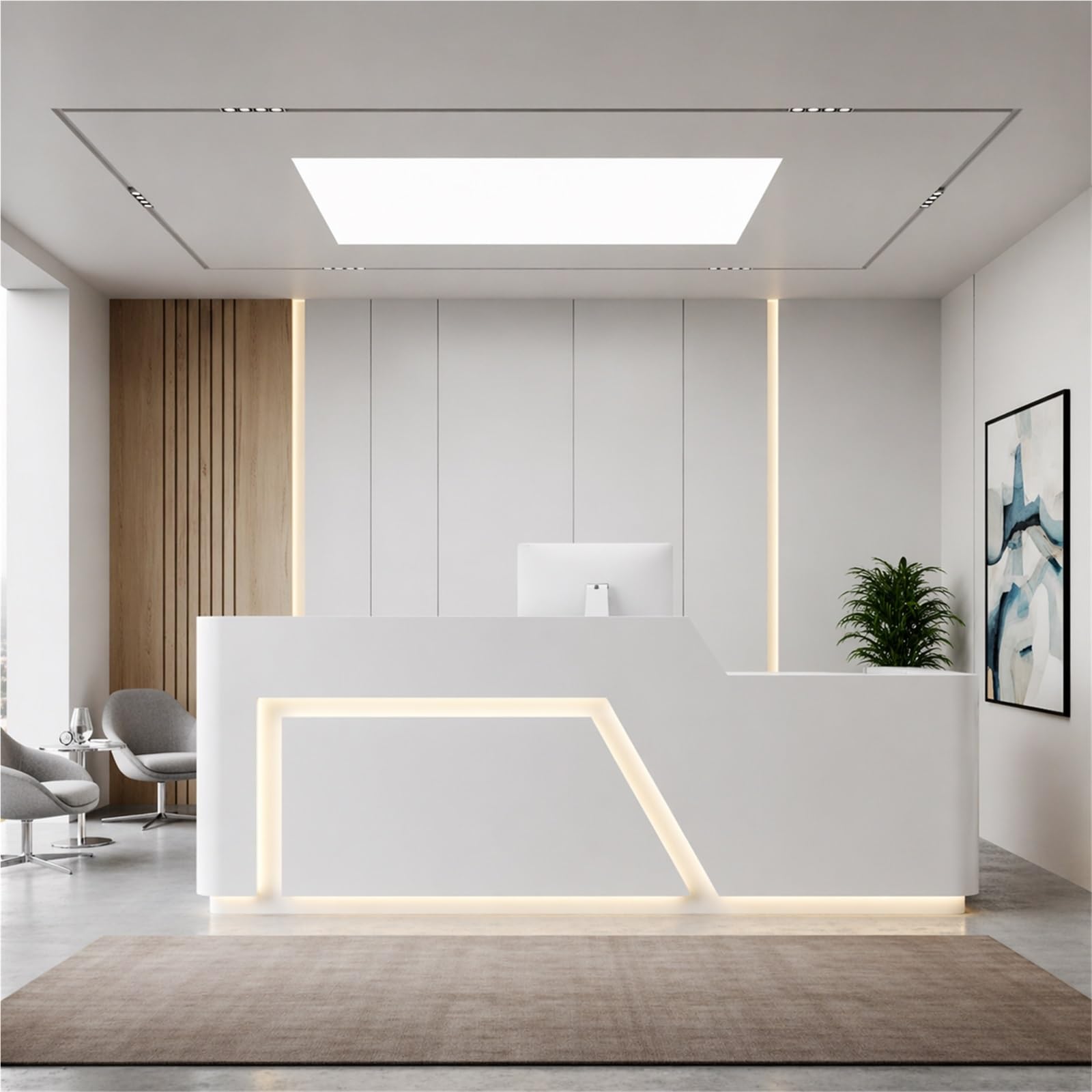 L-förmiger Empfangstresen für Büros und medizinische Einrichtungen, Moderne LED-Beleuchtung, Hochglanzlackierung, 133,86 Zoll