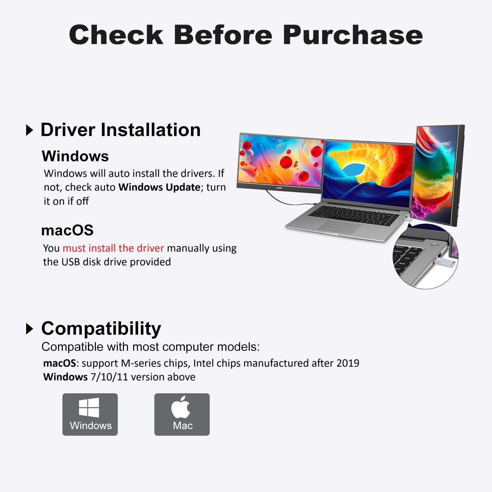 G-STORY Triple Laptop Screen Extender, 14" FHD 1080P Portable Laptop Extended Monitor, One Cable Connect Dual Screen Monitor Compatible with Mac/Windows Fits 13"-17.3" Laptops