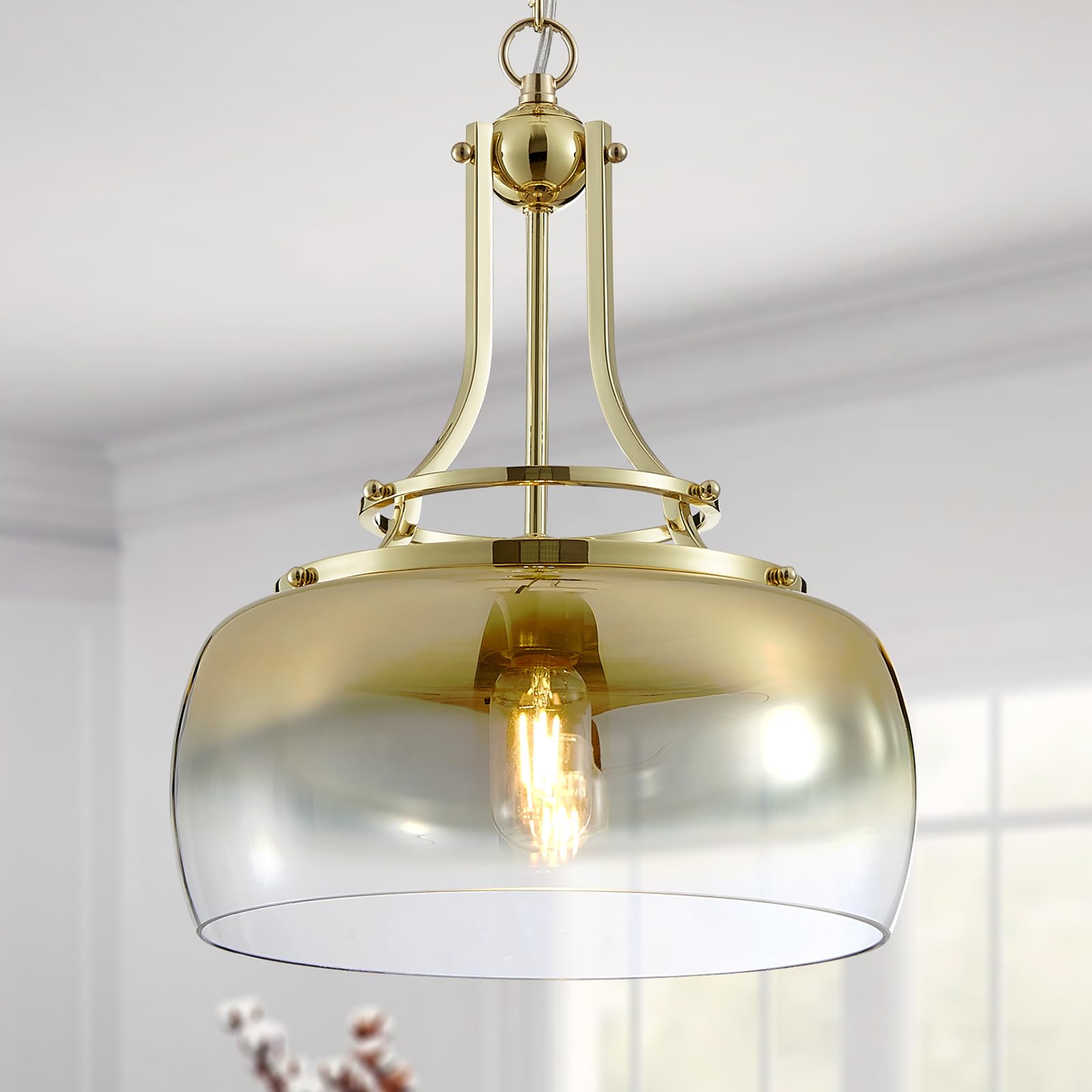 wuzups gold chandelier rustic farmhouse industrial round ceiling pendant led light fixture with gradient glass shade for dining room kitchen island foyer entryway, h 17" w 13.4", e26 base