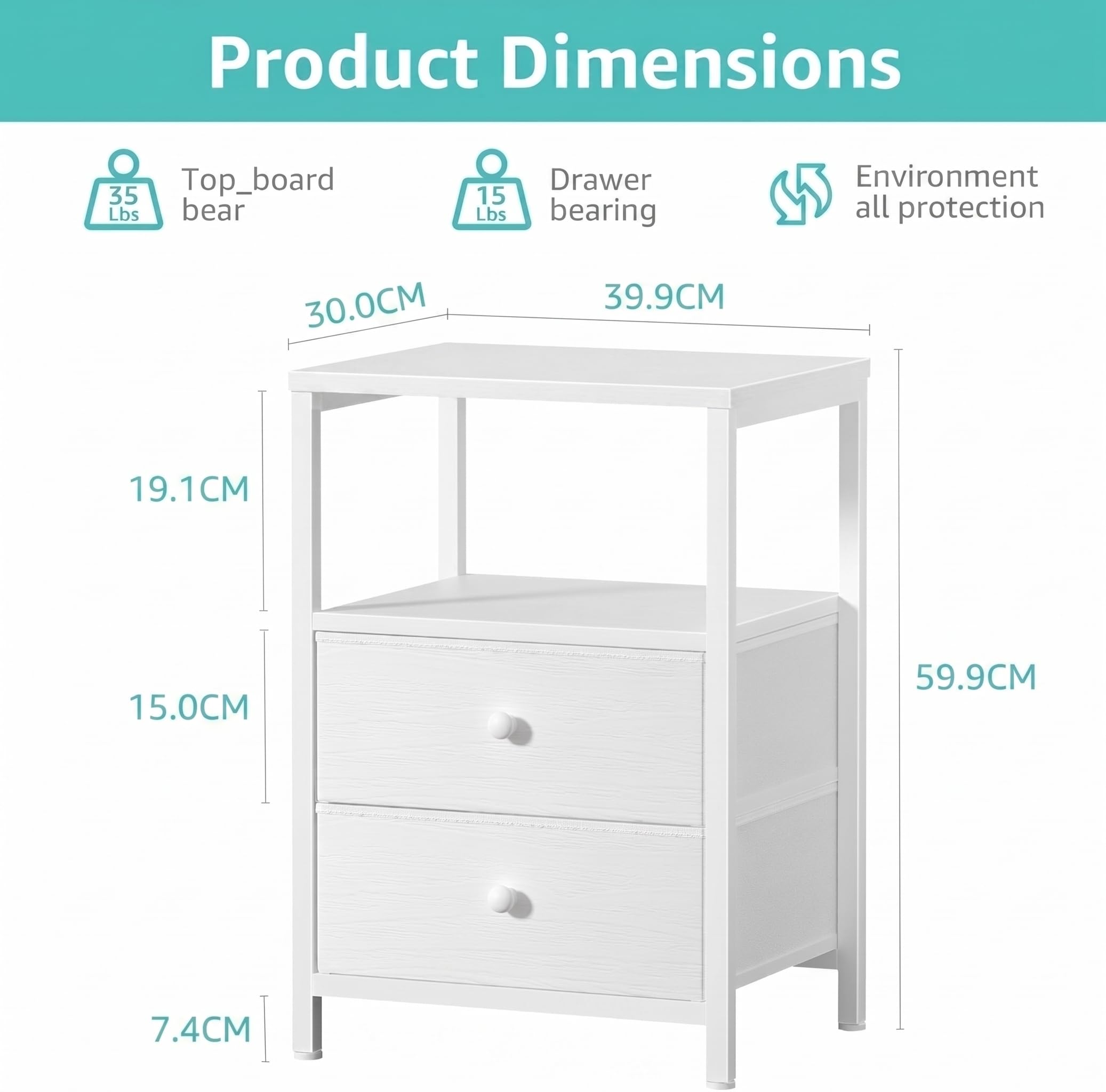 Lufeiya Mesita de Noche con 2 Cajones, Mesa Auxiliar Moderna de Madera, Marco de Metal Estable, Cómoda para Dormitorio, Salón, Pasillo, Fácil Montaje