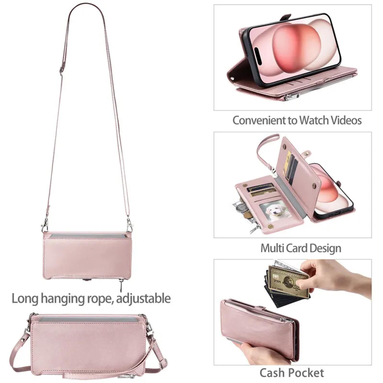 Do iPhone'a 15 Crossbody skórzany portfel z zamkiem błyskawicznym, etui na telefon, smycz, etui z klapką (do iPhone'a 15/różowy)