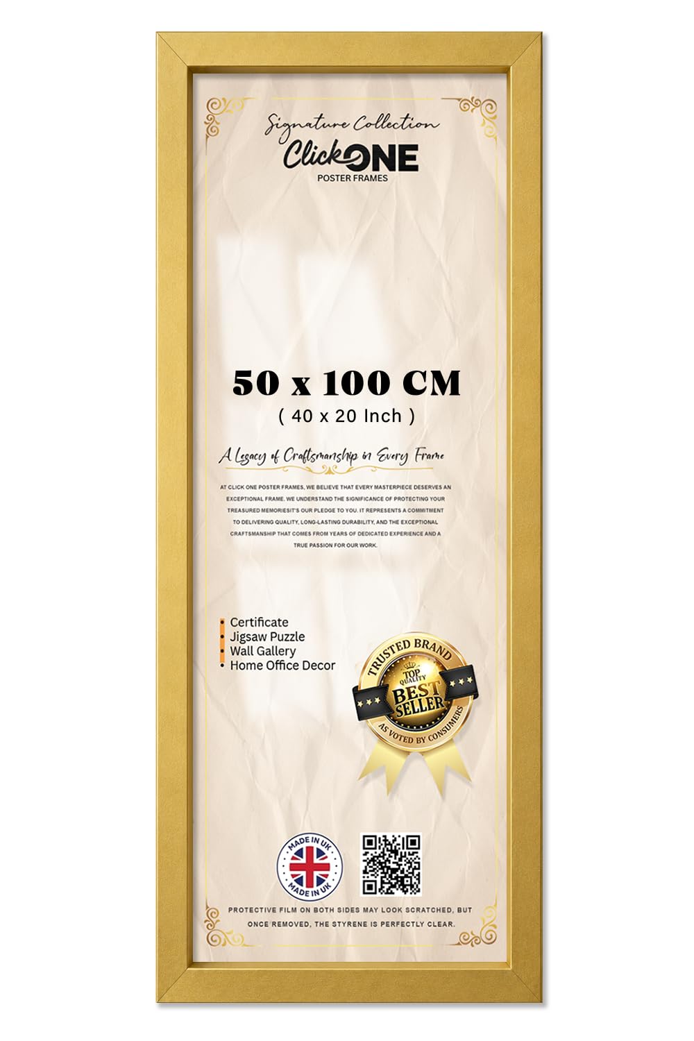 Click One Classic 40 X 20 Inch Engineered Wood Poster Frame For Wall Gallery Living Room Wall Hanging Mount With Clear Hd Styrene Gold Finish Ideal For Photos Prints Posters And Artwork Display