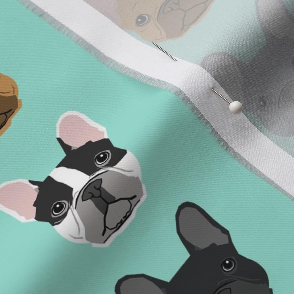 Spoonflower Fabric - French Bulldog, Mint, Dog, Frenchies, Pet, Puppy, Aqua, Rescue, Adopt Printed on Organic Cotton Sateen Fabric by The Yard - Sewing Quilting Apparel Home Decor
