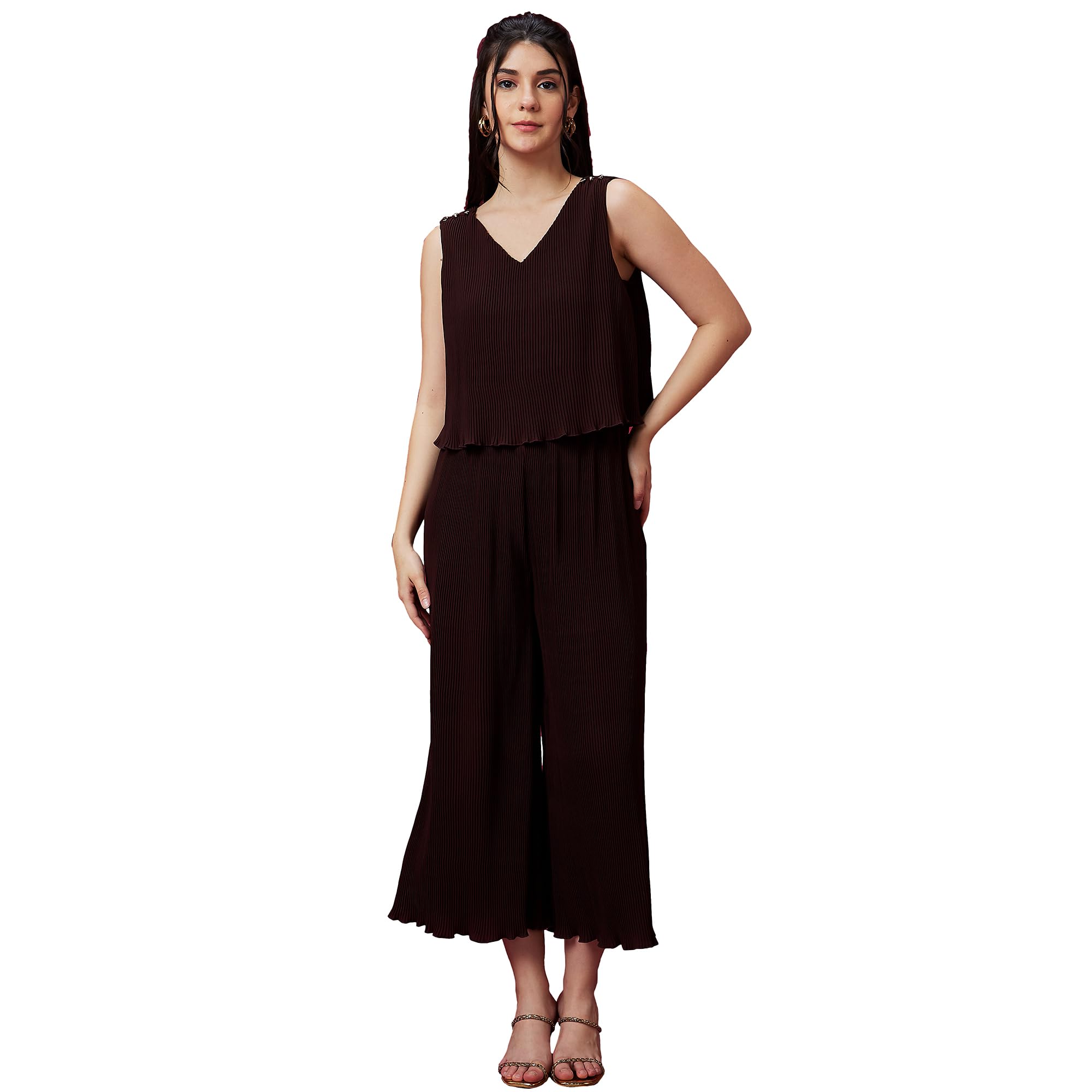 Women V-Neck Accordion Pleat Wide Leg Loose Fit Long Party Jumpsuit-image-3