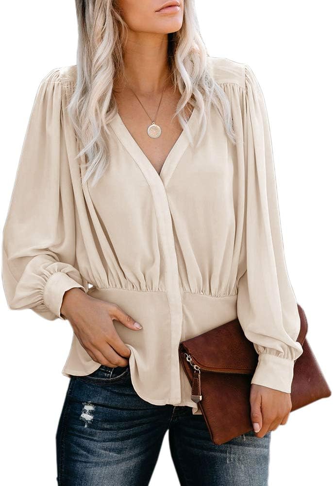 GemijackWomen Blouse Elegant V Neck Ruffled Chiffon Tops Vintage Empire Waist Long Sleeve Shirts