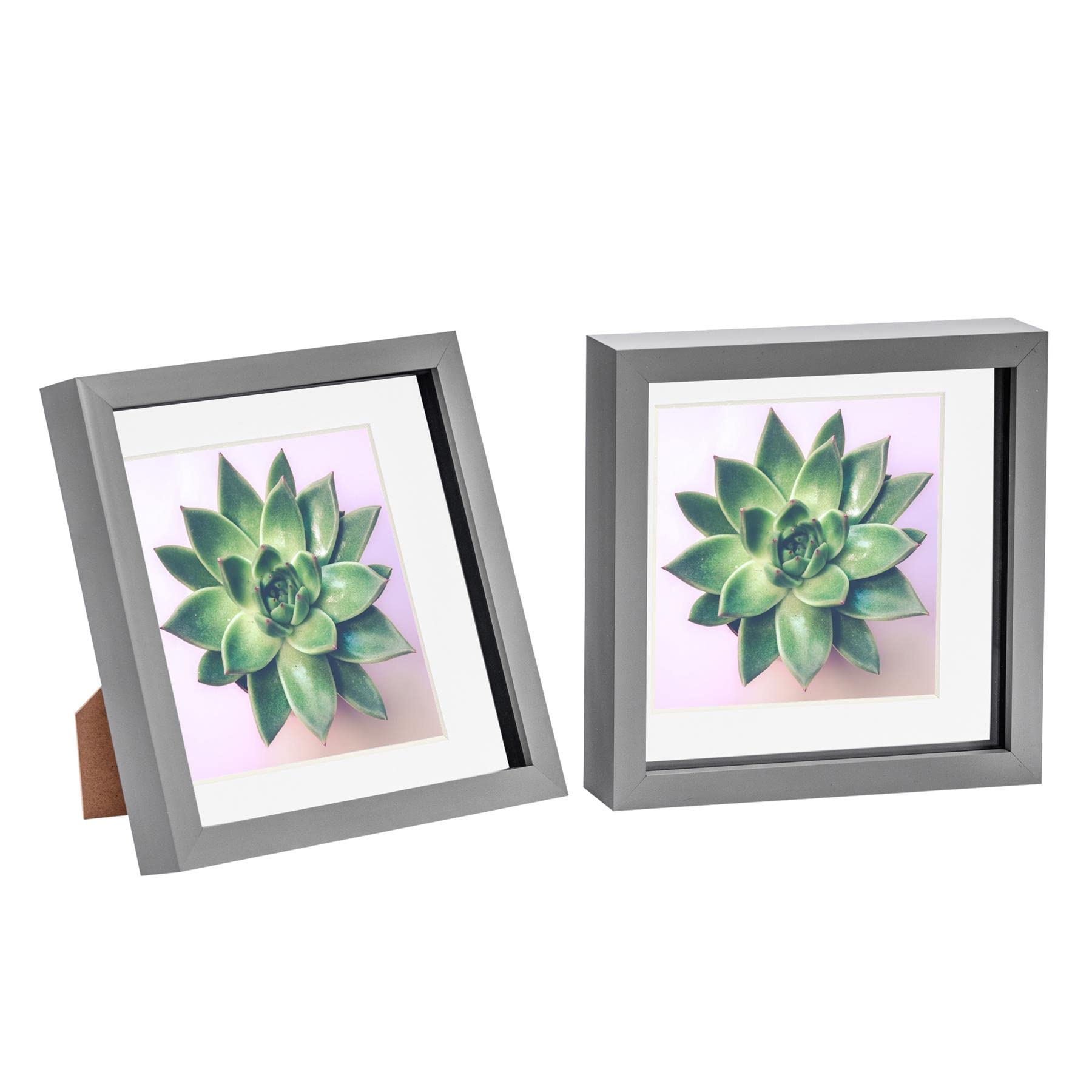 Nicola Spring 3D Shadow Box Photo Frames - 8x8 (20x20cm) - White 6x6 Mount (15x15cm) - Pack of 2 - Grey 3D Photo Frame Box Picture Frame Box Square Display Case for Crafts, Keepsakes