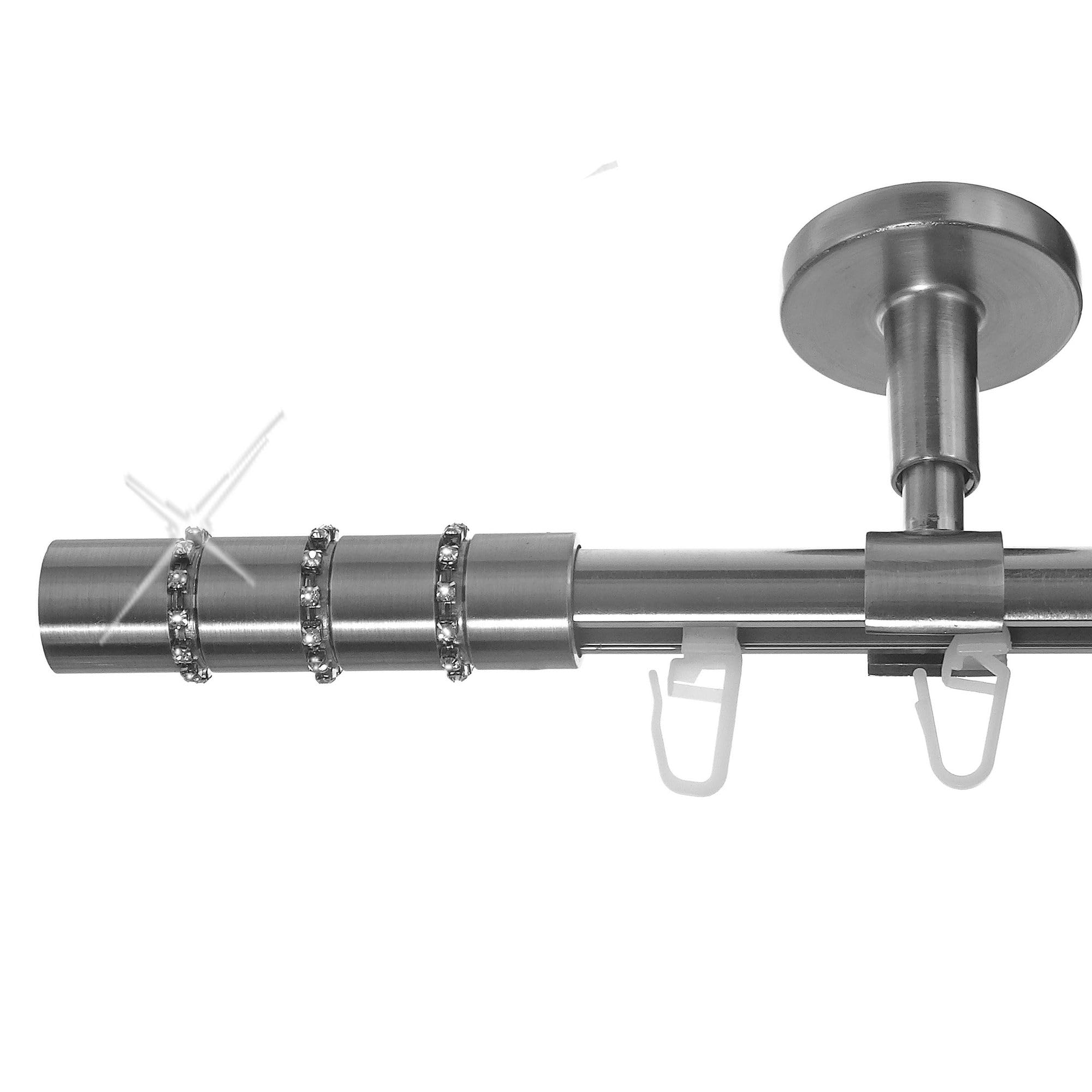 BASIT Gardinenstange Innenlauf Edelstahllook 16mm 1-läufig Decke 200cm D70 | Gardinenstangenset einläufig Deckenmontage Metall Vorhangstange Deckenhalterung 120-600cm wählbar Kappe mit Kristall E25