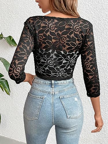 Image of SweatyRocks Women's Floral Lace 3 /4 Sleeve Open Front Short Jacket