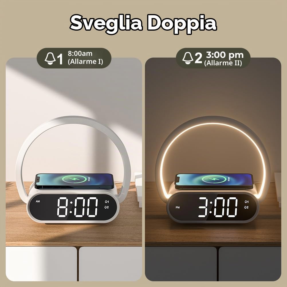 Comodino Lampada con Ricarica Wireless 15W, Sveglia Digitale Doppia Alarme, 3 Regolazioni Luminosità Touch Control, Luce LED per Camera da Letto, Ufficio