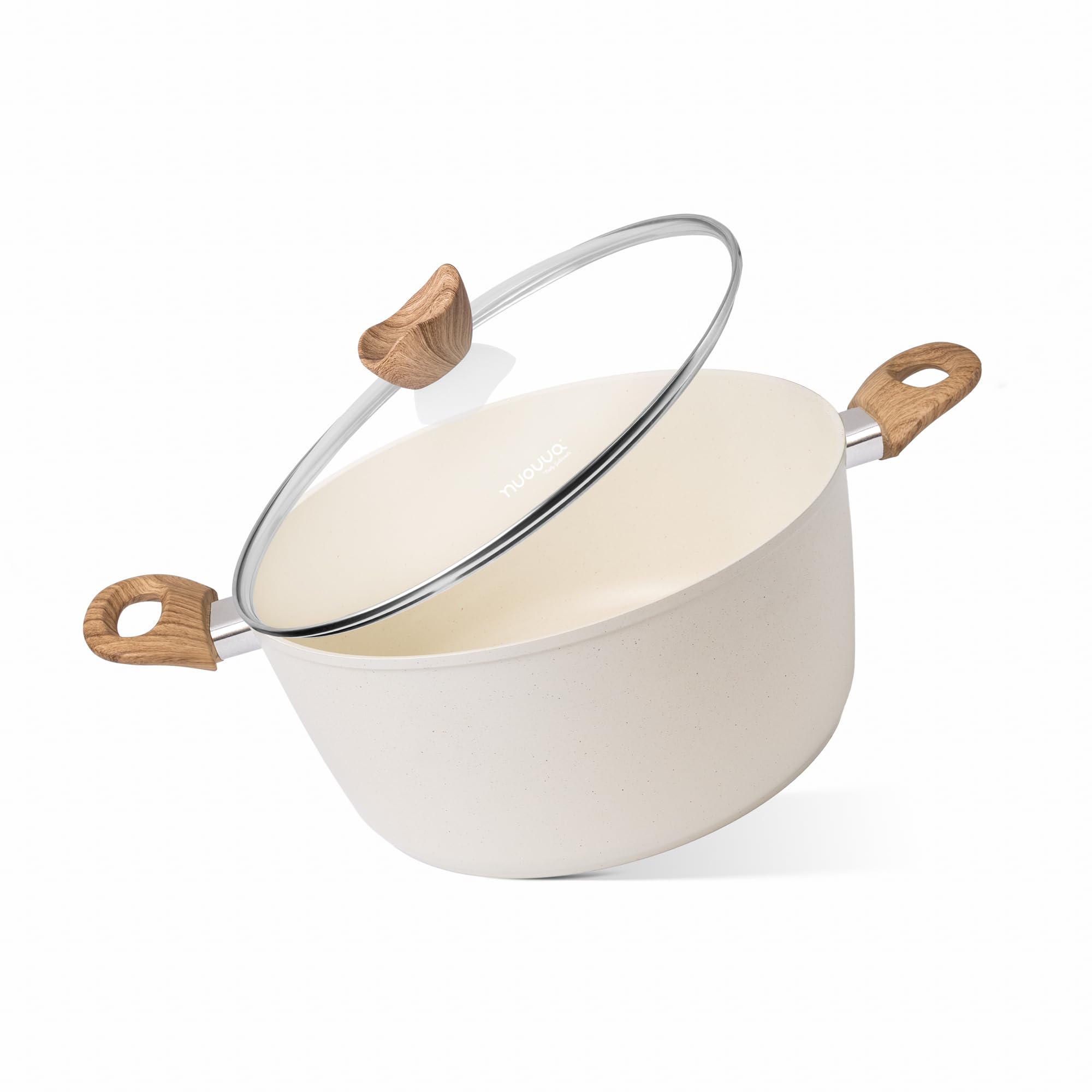 Non Stick Cooking Pots with Glass Lid – 7.4 Quart Induction Hob Stock Pot – Kitchen Deep Casserole Cookware – 28cm, Cream – by Nuovva