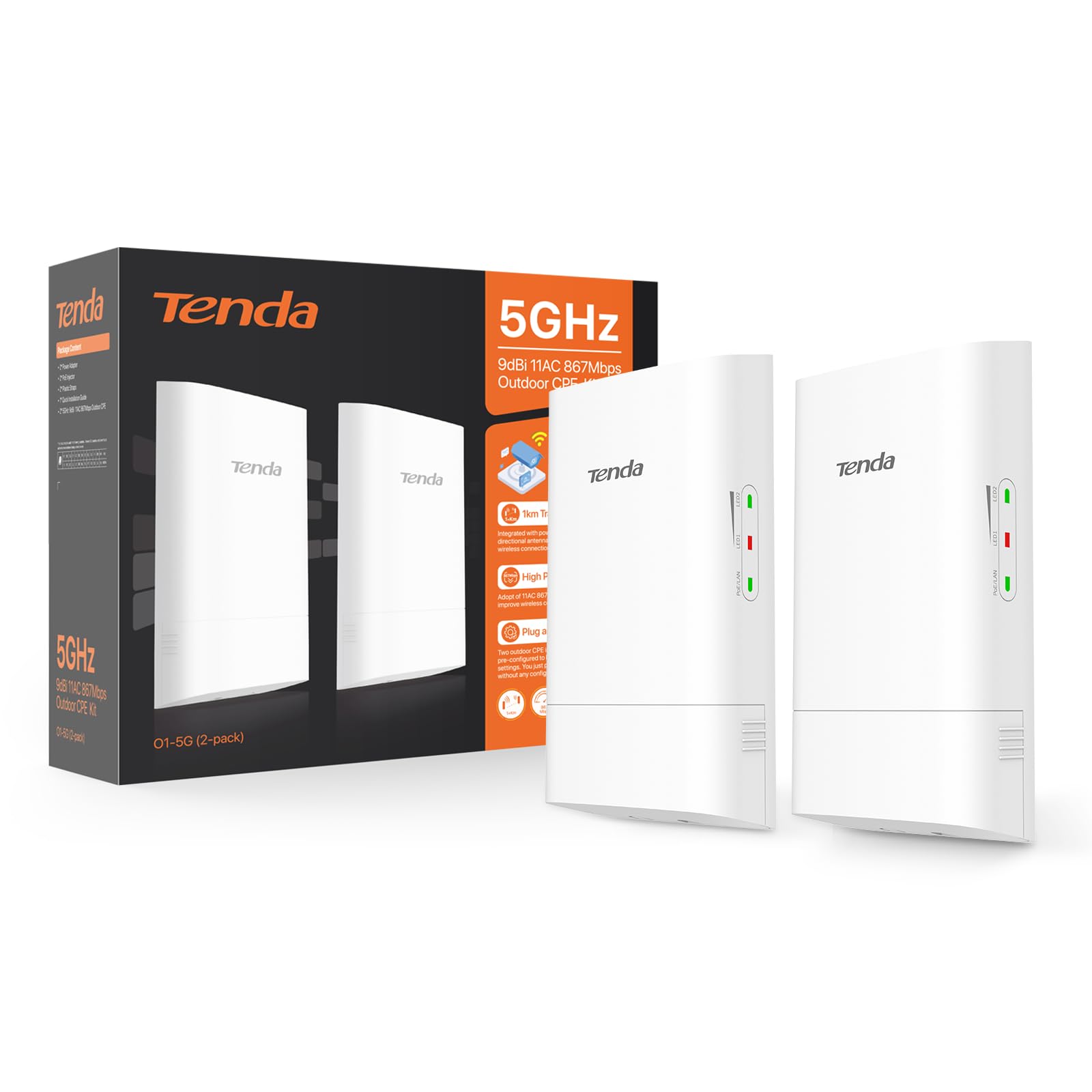 Tenda O1-5G,867Mbps Point to Point Wireless Bridge Outdoor,CPE Pre-Configured, 5.8GHz Wireless Bridges, 1KM Long Range, IP65 Waterproof Enclosure, Plug & Play Ready(2 Kit)