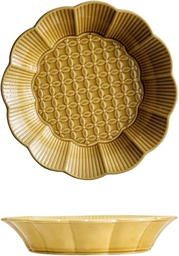 WULFY Vajilla Creative Ceramic Dinner Dish Fruit Salad Deep Plates Restaurant Kitchen Retro Flower Shape Soup Dishes Home Tablewa (Color Brown)