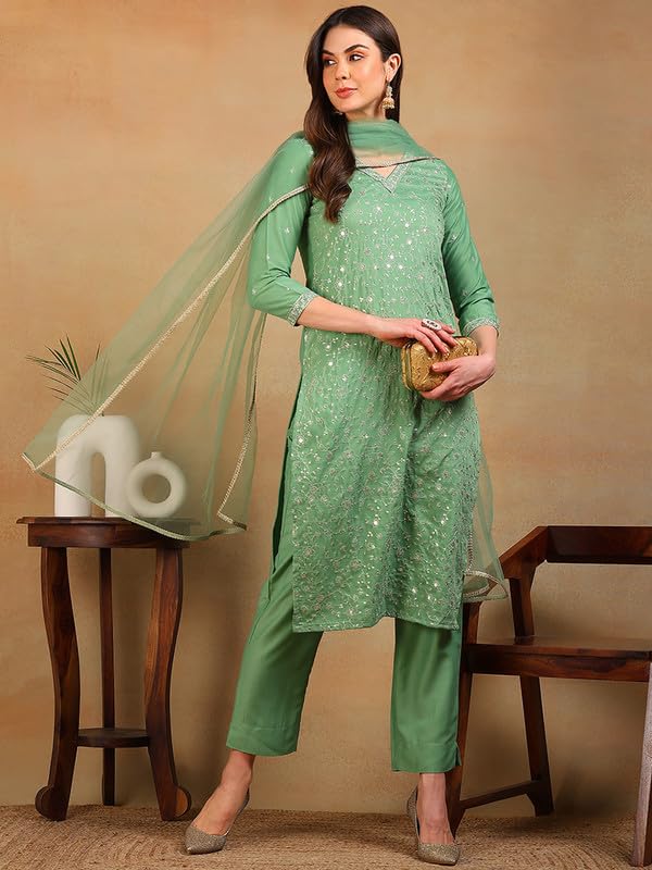 Image of Vaamsi Women's Silk Blend Floral Embroidered Straight Kurta Pant With Dupatta With Cotton Inner