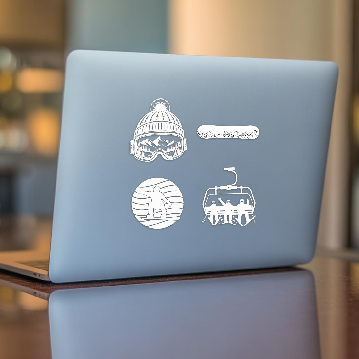 (4PCs) Snowboard Decal Set White UV DTF Decal Waterproof Durable Easy to Apply Snowboarding Ski Lift Winter Sports Mountain Goggles Bumper Stickers Car Truck Laptop Window Decoration 5 Inches (White) - Image 2