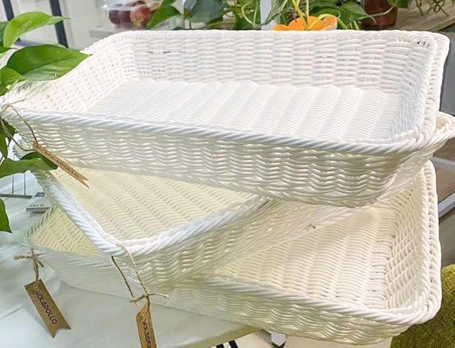 SOLAPOLLO 3 Packs Poly Wicker Bread Basket,Rectangle Bread Basket,Rectangular Wicker Display Baskets for Kitchen Storage,Food Display Baskets for Tabletop (Rectangular White)