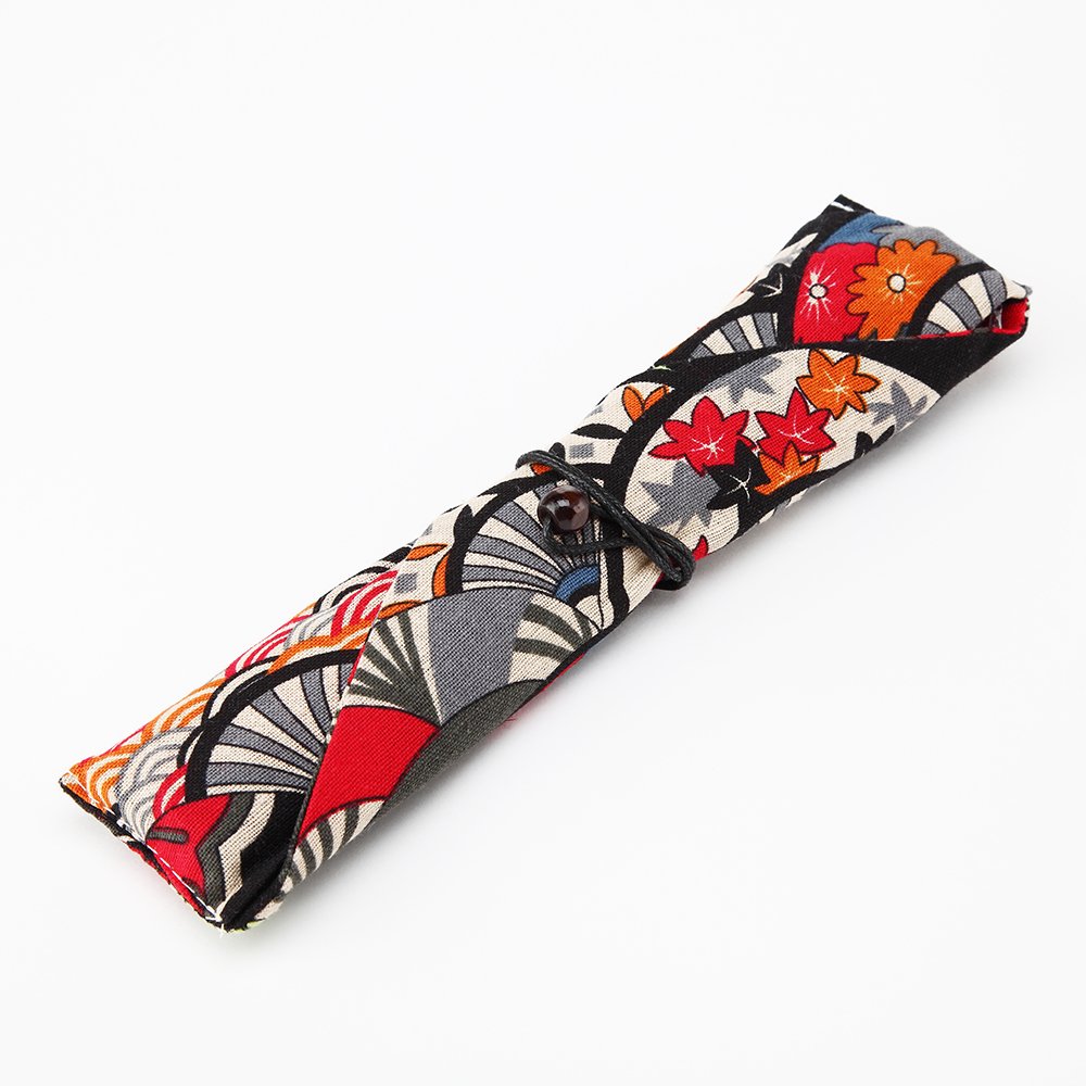 Ecloud Shop® Natural Wooden Tableware Sets of 5-pieces (1 Spoon, 1 Chopsticks, 1 Fork, 1 Chopsticks Holder, 1 Tableware Bag Japanese Style Red Black Pattern)