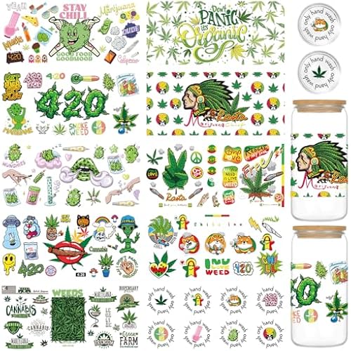 UV DTF Transfer Cup Wrap - 10 Sheets Plant Weeds UV DTF Cup Wraps for 16 oz Glass Cups, Green Trippy Leaf Cannabis Marijuana UV DTF Transfer Stickers, Waterproof Water Bottle Decals Adults Crafts