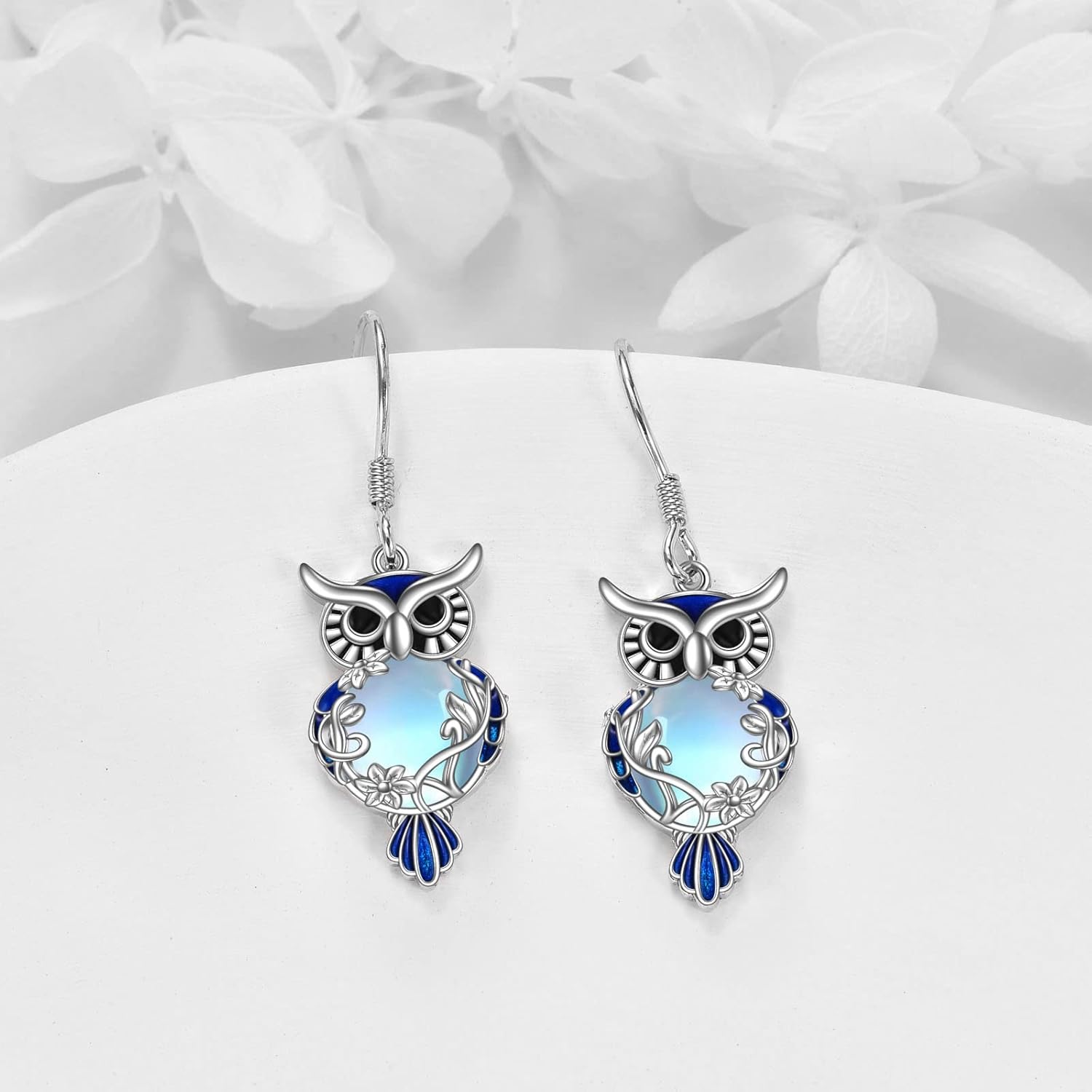 Owl Earrings for Women Sterling Silver Moonstone/Black Onyx/Lapis Lazuli/Jade/Turquoise Dangle Leverback Earrings Jewelry Gifts for Women - Image 3
