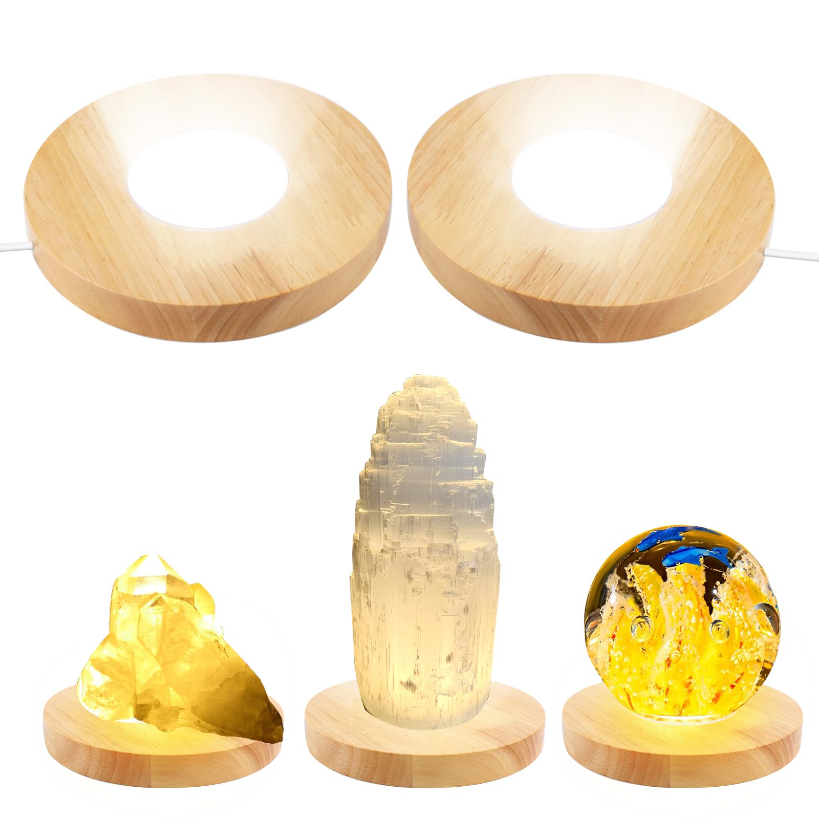 2pcs Wooden LED Light Display Base Stand, 15CM Round Light Display Base with 3 Light Modes, USB Crystal Display Base, Wood Base Light Base for Crystal Glass Resin Art Jewelry Acrylic (Wood)