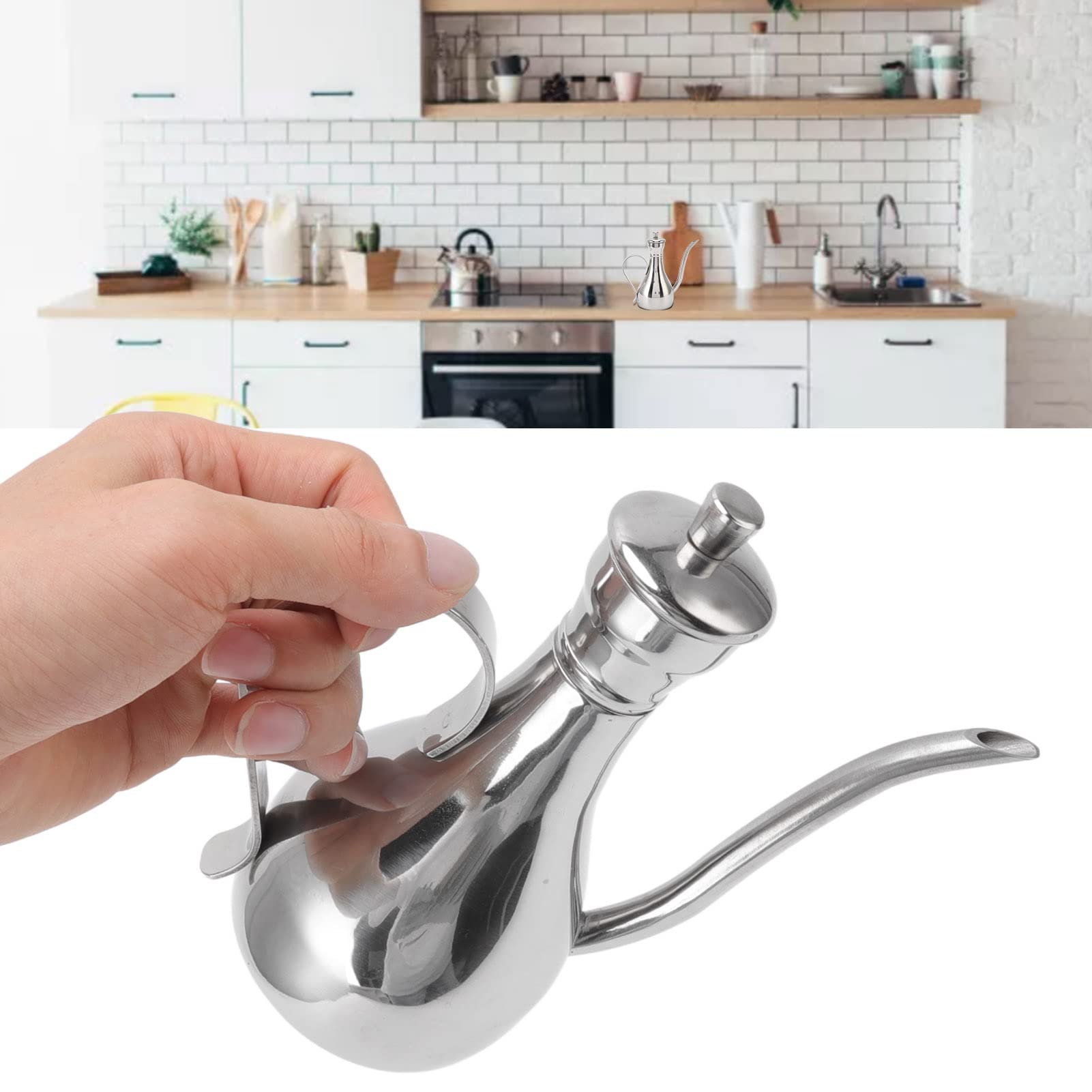 Bottiglia Olio Acciaio Inossidabile, Oliera Antigoccia con Manico Ergonomico 350ml Capacità Ampia Apertura per Condimenti Cucina Domestica Dispenser Salsa Soia Aceto Balsamico