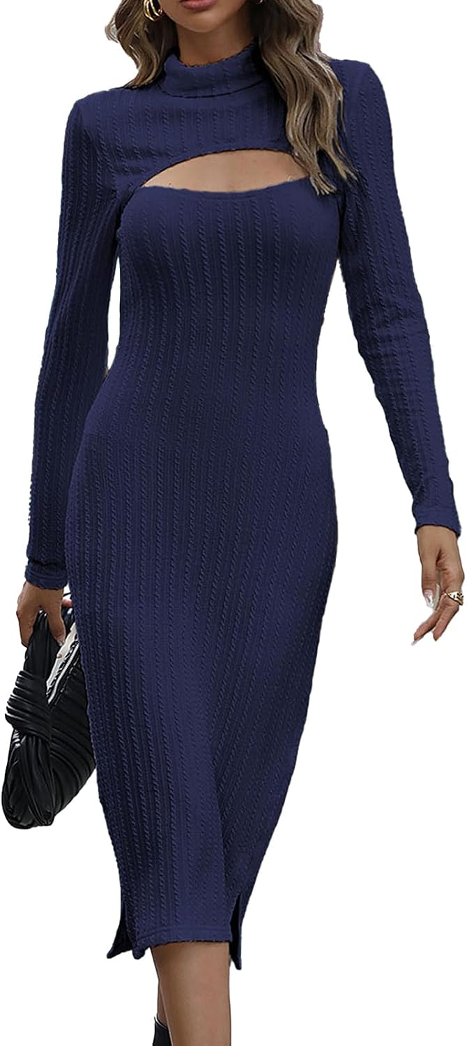 Women's Rib Knit Pullover Sweater Dress Cut Out Long Sleeve Slim Fit Bodycon Dresses Sexy Midi Long Sweater Dresses