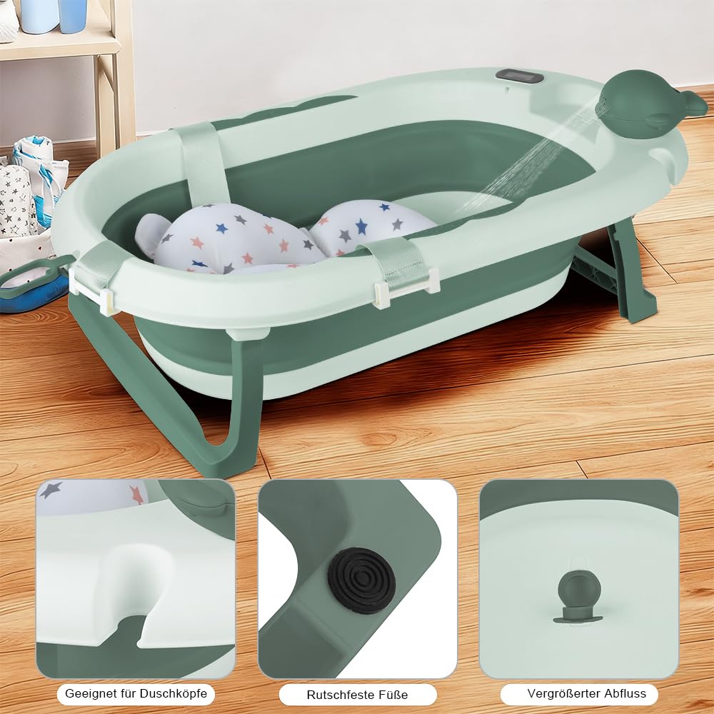 MUL-BHERRAMIENQU - Bañera plegable para bebé, con soporte, termómetro y cojín, ideal para regalo de nacimiento de niña o niño (verde)