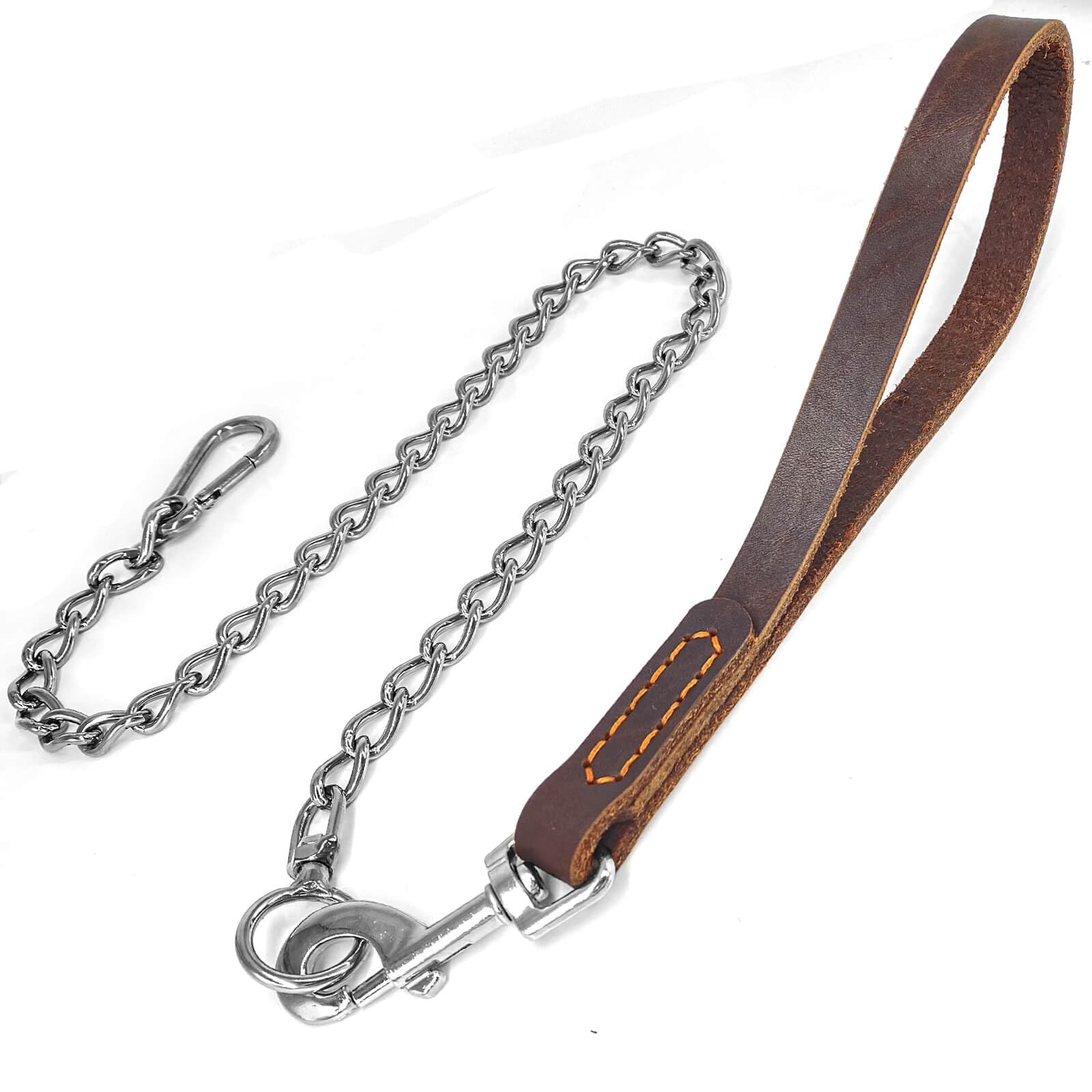 Dog Chain Short Leash with Leather Handle, 304 Stainless Steel Dog Short Lead Metal Heavy Duty Chain DIY Double Dog Leashes,Extend&Coupler. (Leather Handle 14" + 304 S/S 28")