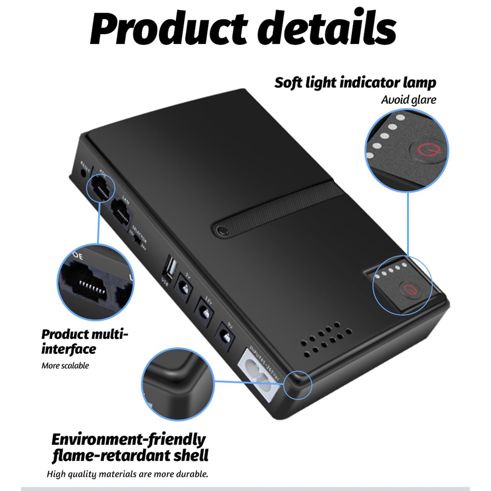 Mini SAI, Sistem de Alimentación Ininterrumpida con Batería de Reserva Recargable de 18W con Salida DC 5V 9V 12V 2A USB 5V 2A PoE 15V 24V Pequeña batería de Respaldo para Router