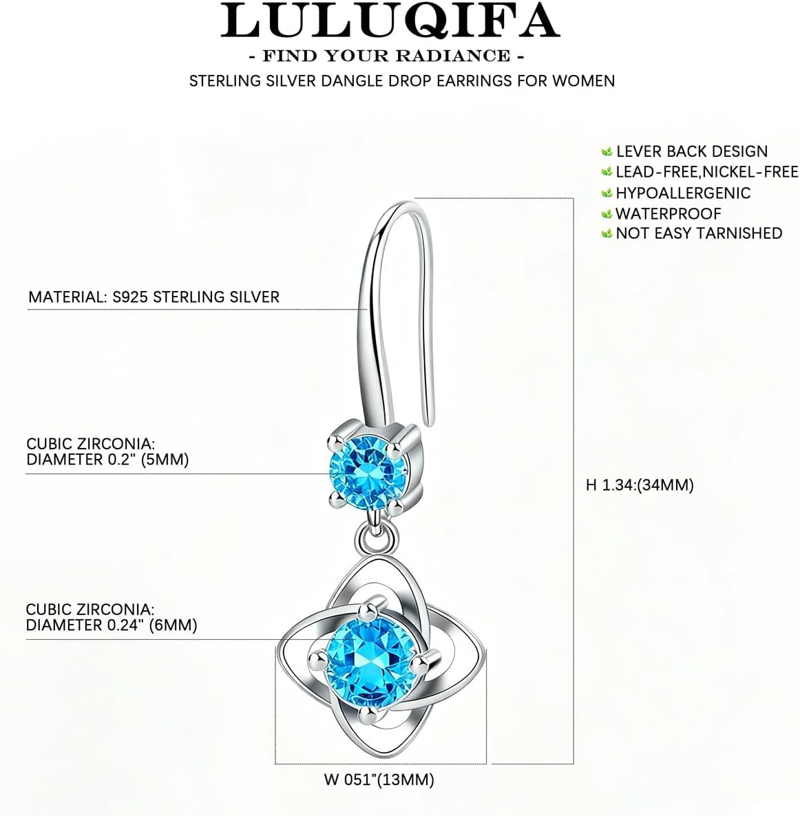 Dangle Drop Earrings for Women 925 Sterling Silver Dainty Cubic Zirconia Gemstone Leverback Pendant Earring Hypoallergenic Trendy Jewelry for Her Wife Birthday Gifts - Image 4