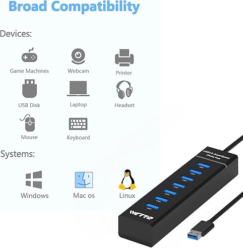 Miniatura 5 de Hub USB 3.0 de 7 puertos, divisor de concentrador USB de datos IVETTO con cable de 3.3 pies de largo para laptop, PC, MacBook, Mac Pro, Mac mini,