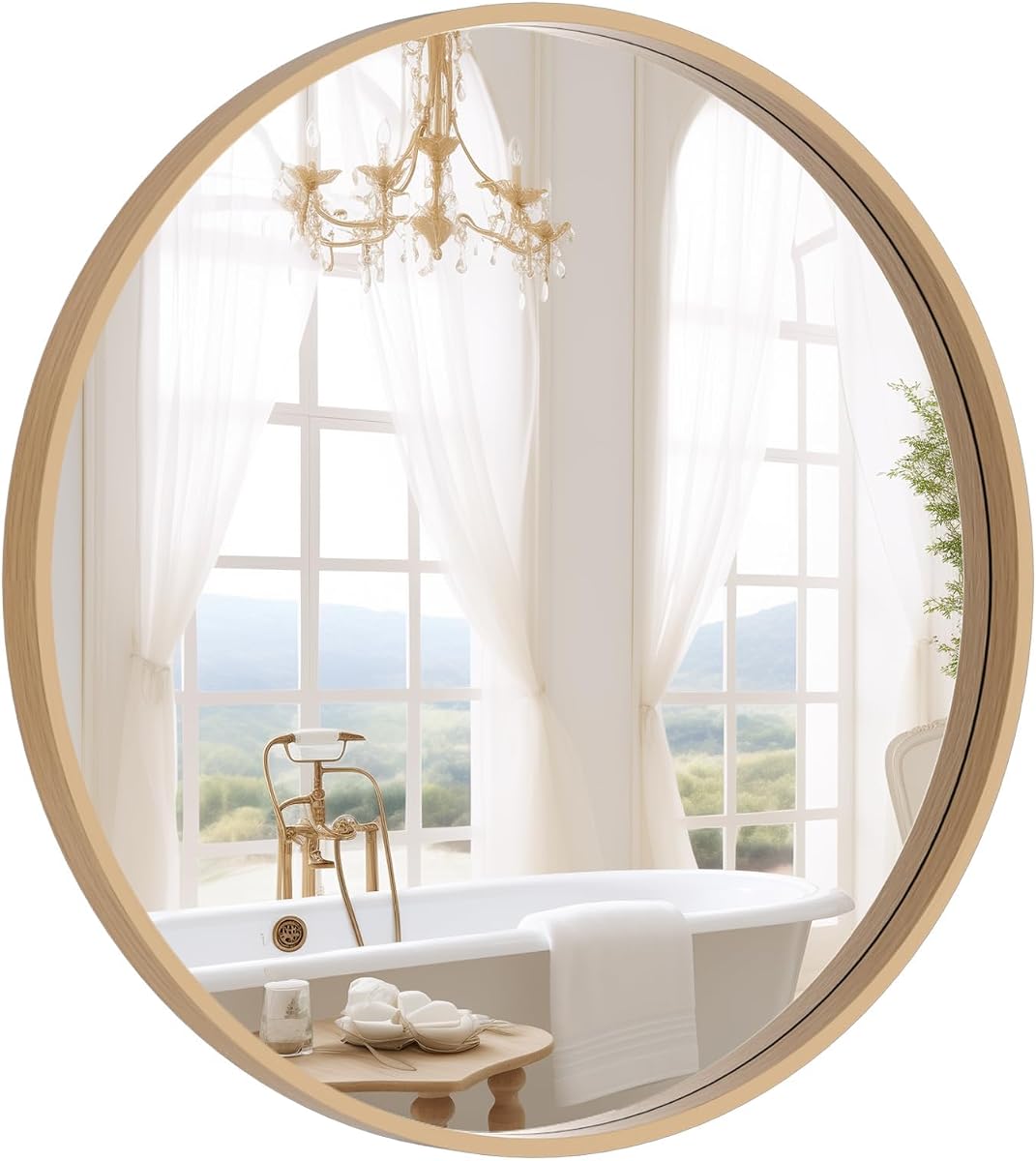 Round Wood Mirror 24 inch Circle Wall Mirror for Bathroom Round Wall Mirror for Wall Decor, Vanity, Entryway Living Room (Natural)