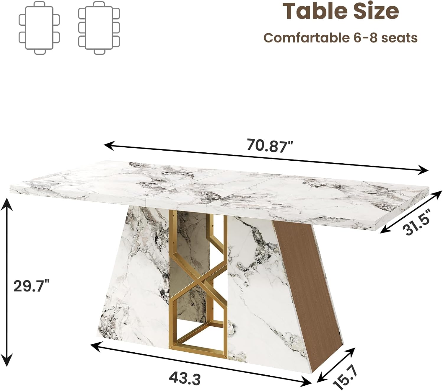 Diagram illustrating the dimensions of the HOMISSUE dining table: 70.87 inches long, 31.5 inches wide, and 29.7 inches high. It also shows the base dimensions of 43.3 inches long and 15.7 inches wide, with an icon indicating comfortable seating for 6-8 people.