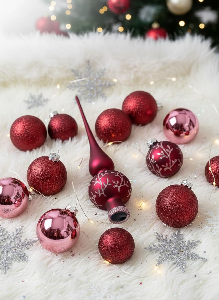 MAGIC Kugelsortiment Glas Dekor 19 TLG. mit Spitze Christbaumkugeln Christbaumschmuck Tannenbaum Deko Weihnachten Weihnachtskugeln Farbe: Berry Kiss Beere Glanz matt