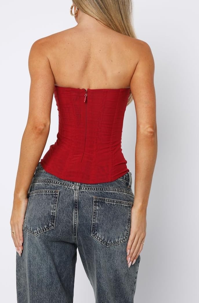 UAURORAO Women Mesh Renaissance Corset Top Strapless Back Zip Up Boned Bustier Tops Y2k Going Out Tube Bandeau Tops - Image 3