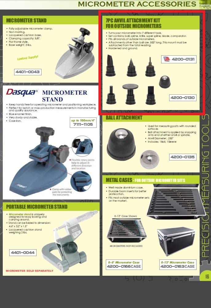 HHIP 4200-0130 7 Piece Anvil Attachment Kit for Outside Μicrometers