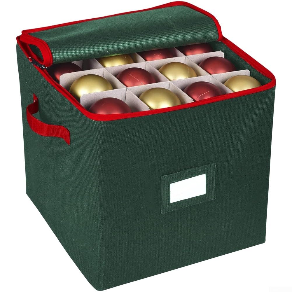 Aufbewahrungsbox für Weihnachtskugeln mit 64 Gitterabschnitten und Trennwänden, Reißverschluss, um Ornamente sicher zu halten, faltbar und leicht zu tragen, mit seitlichen Griffen (rot)