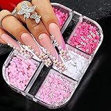 3D Flower Nail Charms, 6 Grids 3D Acrylic Flower Nail Art Charms, White Pink Spring Blossom Nail Accessories with Rhinestones Pearls 3D Flowers for Nails Women Manicure Jewelry DIY Nail Decorations