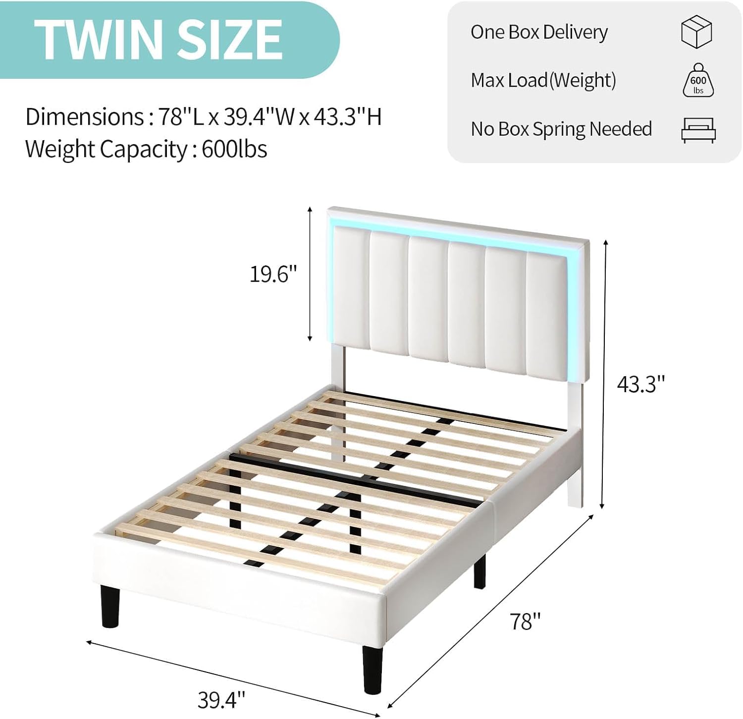 IMMERSTABLE Twin Bed Frame, Twin Bed Frames with Headboard, Upholstered and RGB LED Lights, Heavy Duty Wood Slats Support, Noise-Free, No Box Spring Needed, Easy Assembly, White