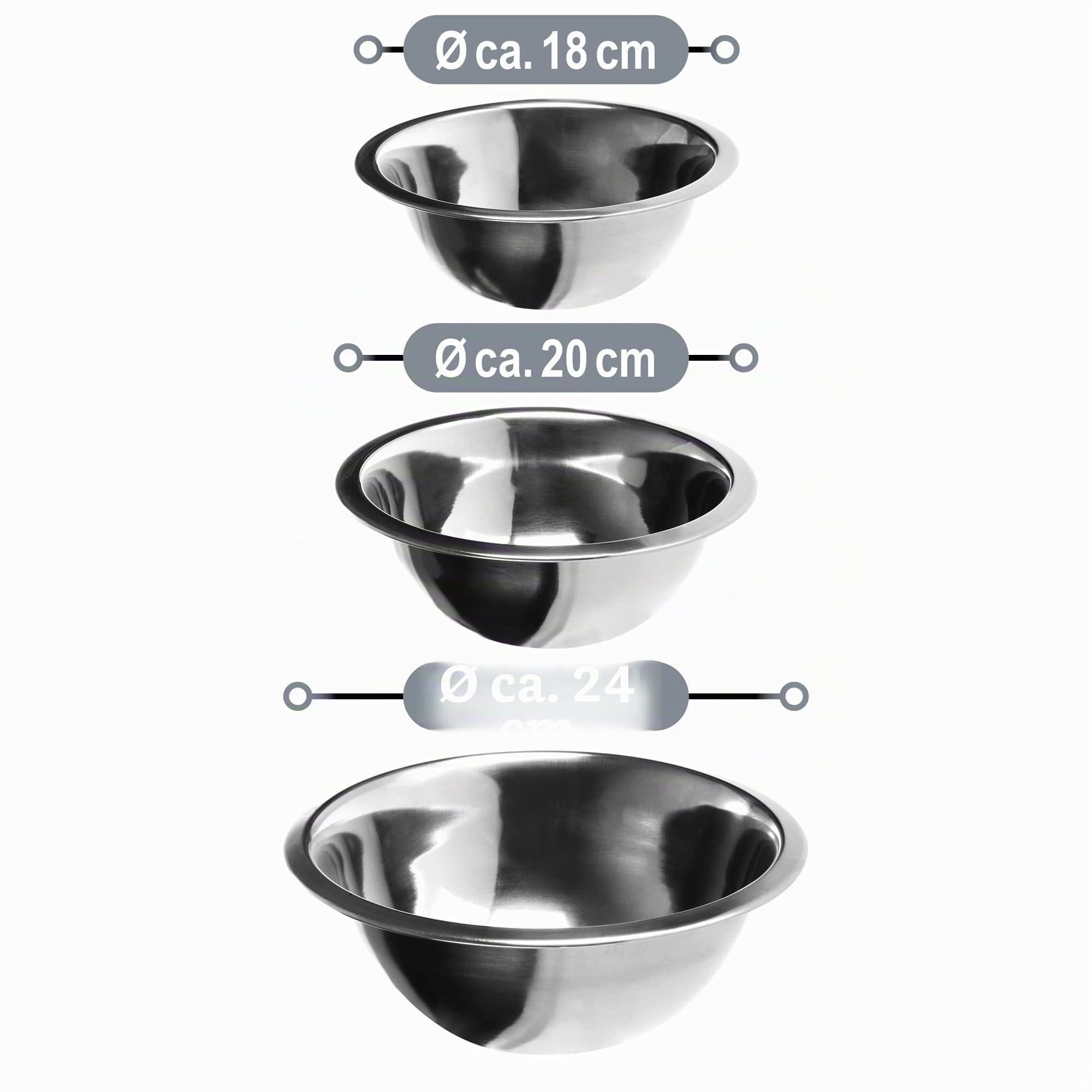 com-four® Set di 3 ciotole in acciaio inossidabile - Insalatiera in 3 dimensioni - Ciotola per mescolare, per cuocere, servire e fare spuntini (03 Stück - Ø 18/20/24cm)