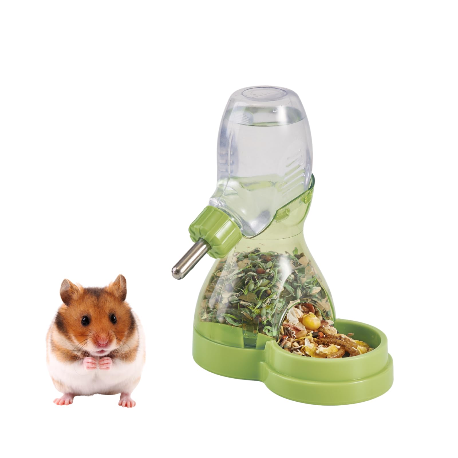 2 in 1 Hamster Water Bottle No Drip with Large capacity Automatic Food Dispenser Small Animal Feeder for Syrian Dwarf Hamster Mouse Rat Degu (Green, 90ml)