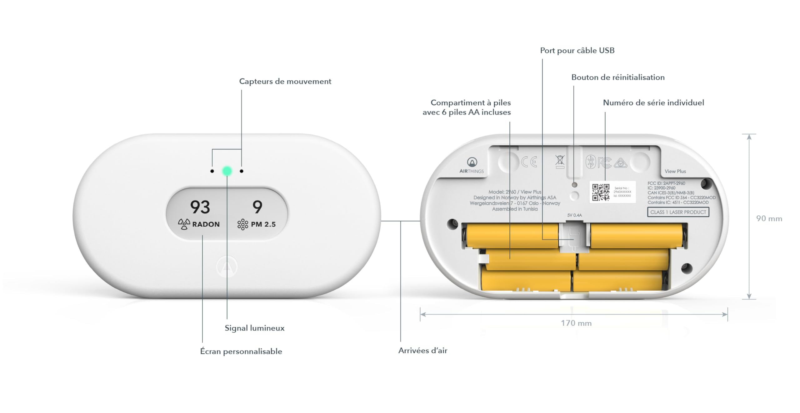 Airthings 2960 View Plus - Détecteur de Radon et de la Qualité de l’Air avec Détecteur de Particule Fine, CO2, COV, Humidité et Température, Application Mobile, Wifi et Notifications