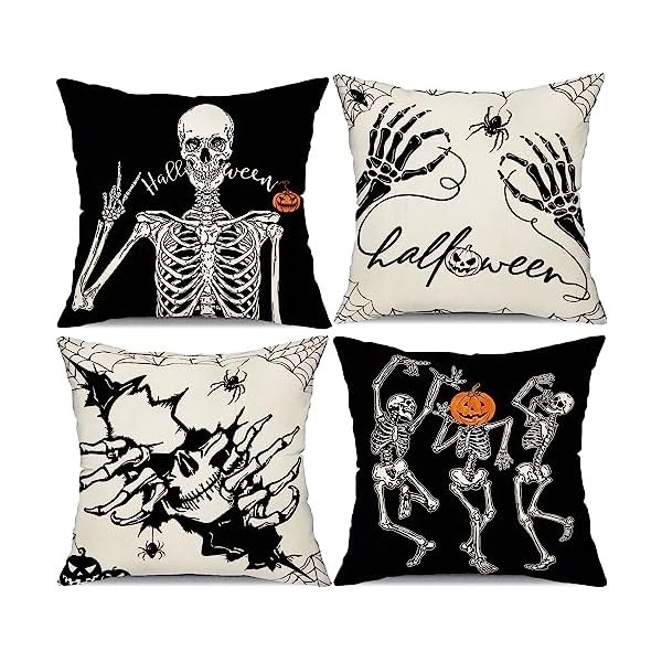 DFXSZ Halloween Pillow Covers 18x18 inch Set of 4 Halloween Decorations Dancing Skeleton and Skull Hands Decor Holiday Pillow Case Farmhouse Decor for Home Sofa B106