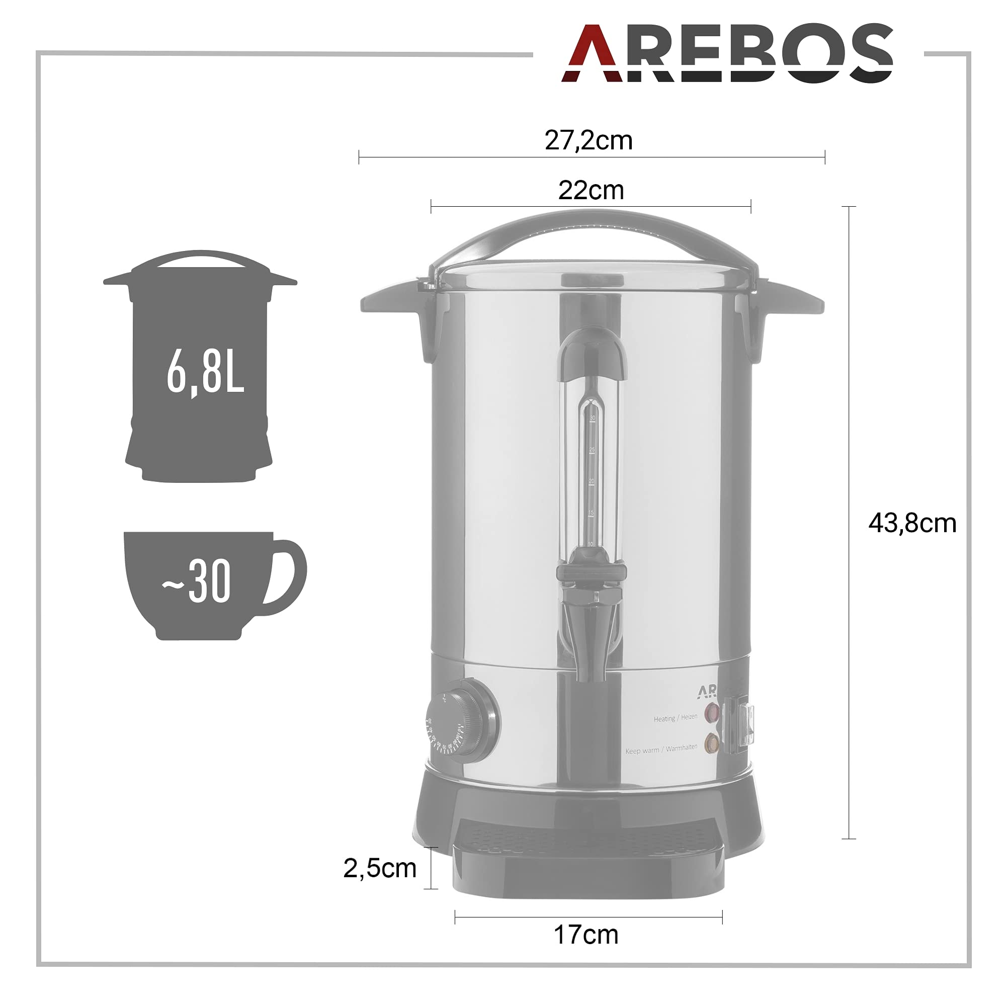 Arebos Pentola Bollitore 6,8 L 950 W | Dispenser Acqua Calda Vin Brulè Caffè Tè | Distributore Elettrico Bevande Calde con Rubinetto | Temperatura Regolabile 30-110 °C